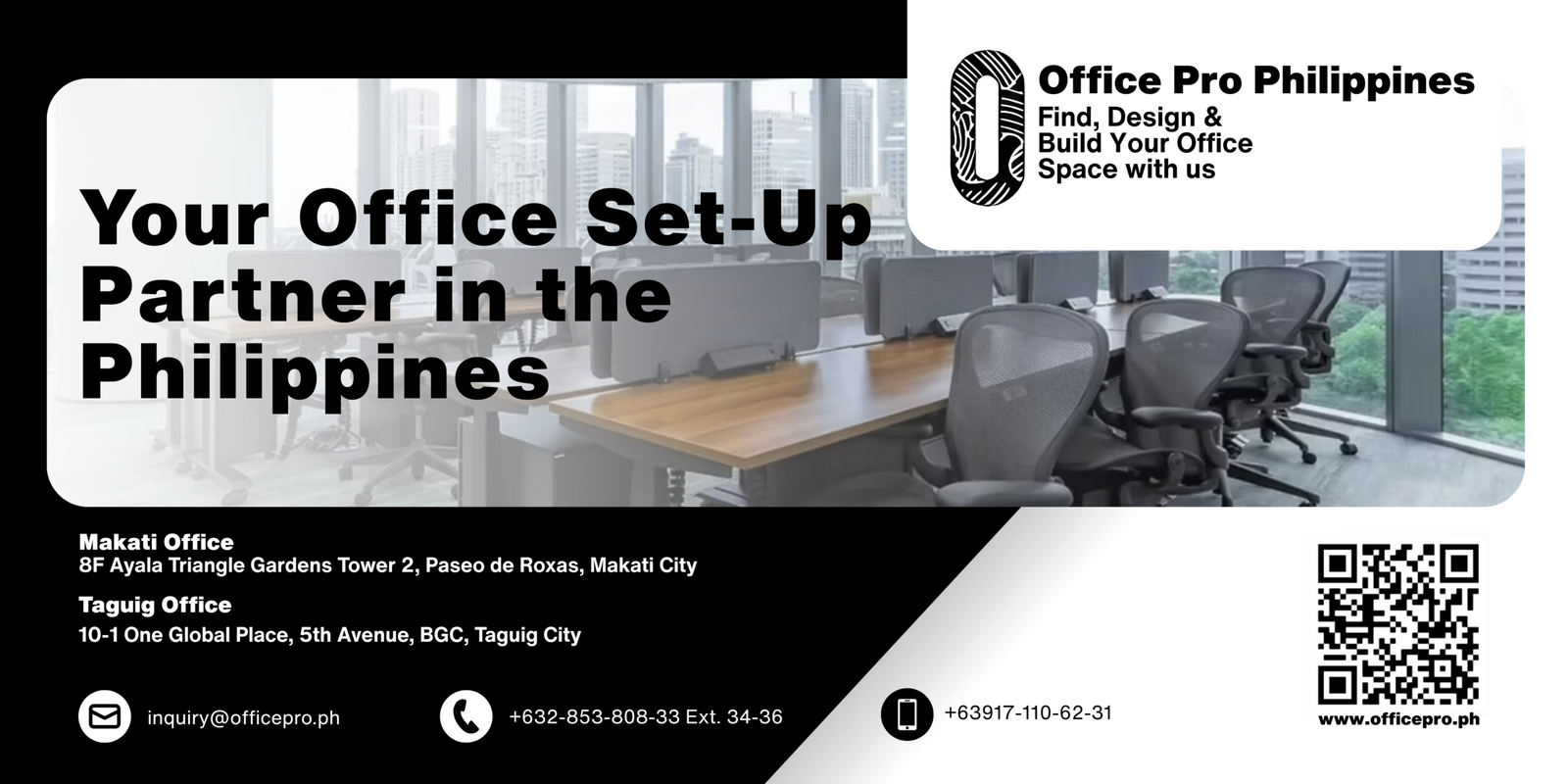 Banner for Office Pro Philippines showing a modern office backdrop and bold headline 'Your Office Set-Up Partner in the Philippines' with logo top right.