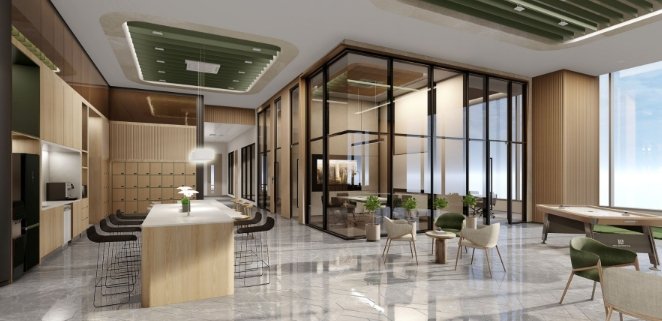 Modern office lobby with a central wooden island, bar-height stools, and glass-walled meeting rooms on the right side.