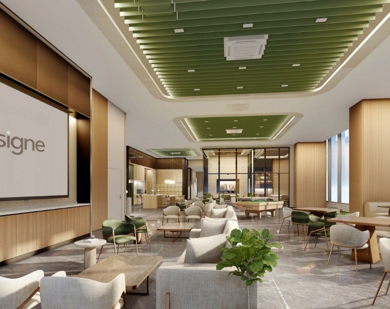 Modern hotel lobby with green ceiling panels, comfortable seating, and a sign reading '27th Floor Opening Soon' in the upper right corner.
