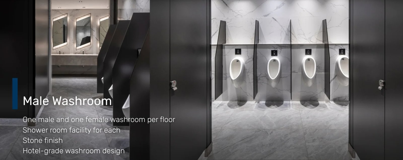 Screenshot_18-6-2026_172255_glas.ph Modern men's washroom with four urinals and dark partitions along a marble wall; slide text promotes facilities.