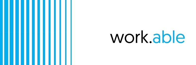 Branding banner with blue vertical stripes on the left and the 'work. able' logo on the right. Text reads 'work. able' in black and blue.