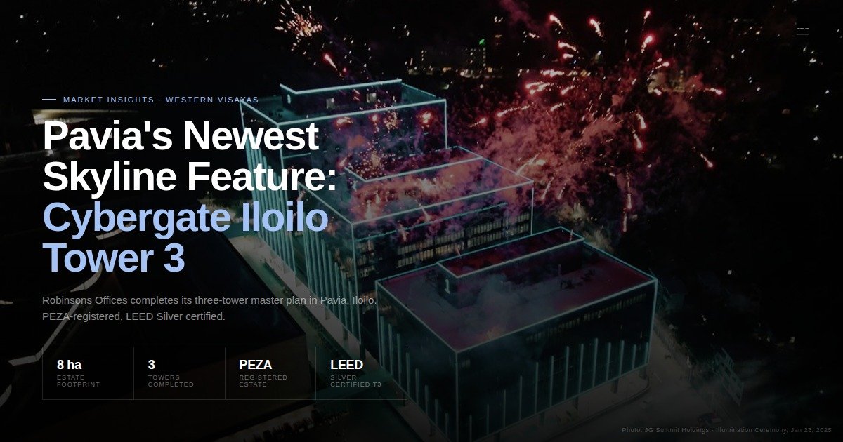 Fireworks explode over a lit, glass-clad tower at night, with the headline: Pavia's Newest Skyline Feature: Cybergate Iloilo Tower 3.