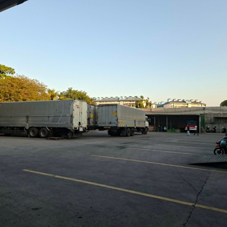 Row of white trucks parked in a yard beside a loading warehouse, with trees on the left and a clear sky above.