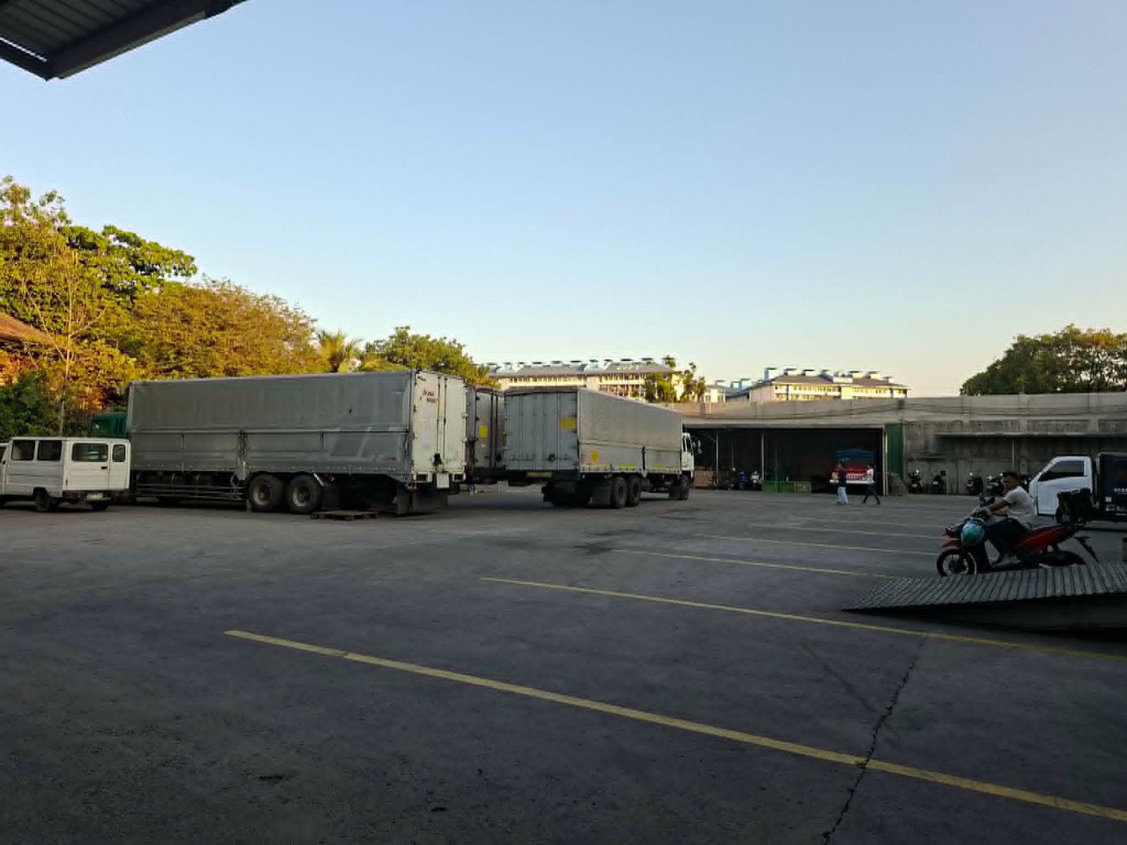 Row of white trucks parked in a yard beside a loading warehouse, with trees on the left and a clear sky above.