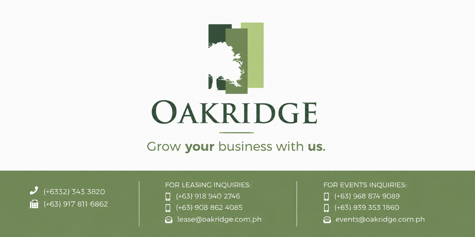 Oakridge logo: tree silhouette over overlapping green panels with the slogan 'Grow your business with us', centered on white.