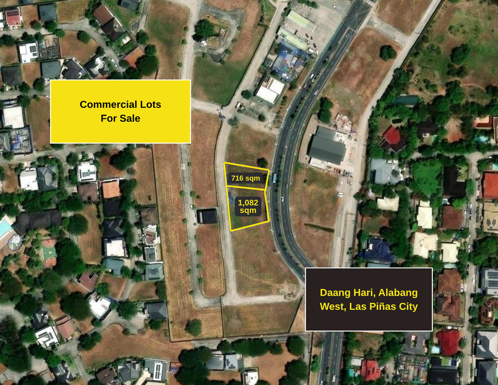 Commercial Lot – Daang Hari – Alabang West Parade – Las Piñas City Aerial map showing commercial lots for sale with two highlighted plots (716 sqm and 1,082 sqm) along a curved road and a large yellow banner that reads 'Commercial Lots For Sale'.