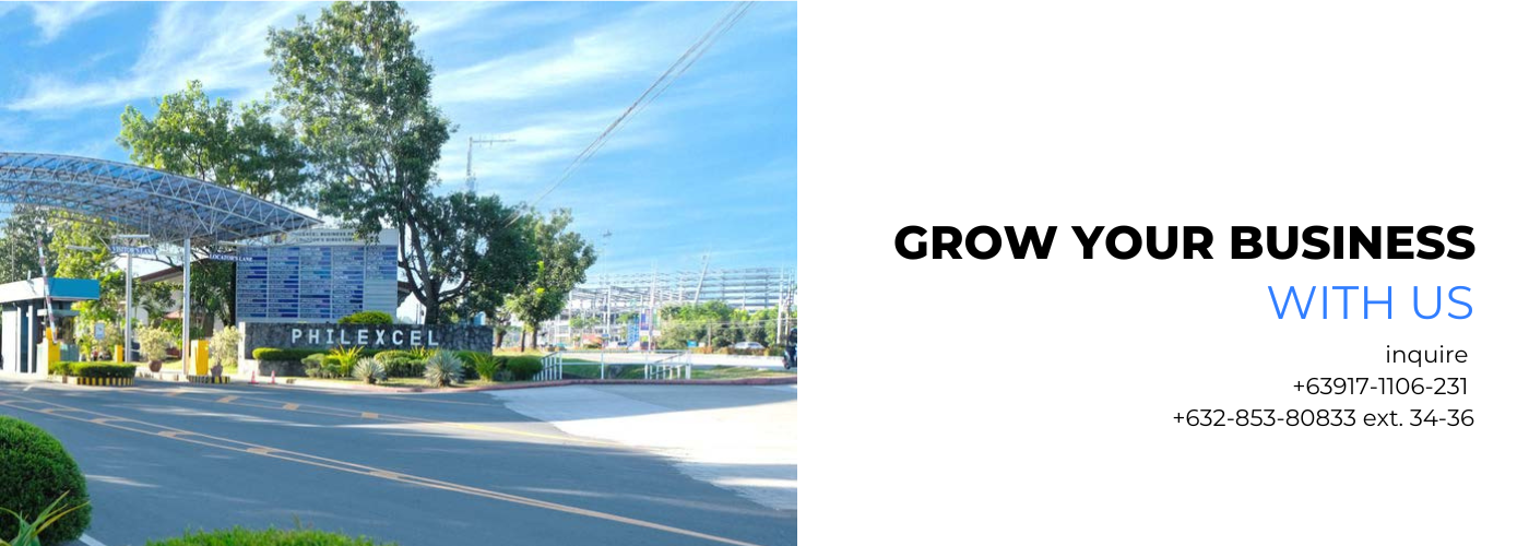 Left: a corporate entrance with a 'PHILEXCEL' sign; right: bold 'GROW YOUR BUSINESS WITH US' and contact details.