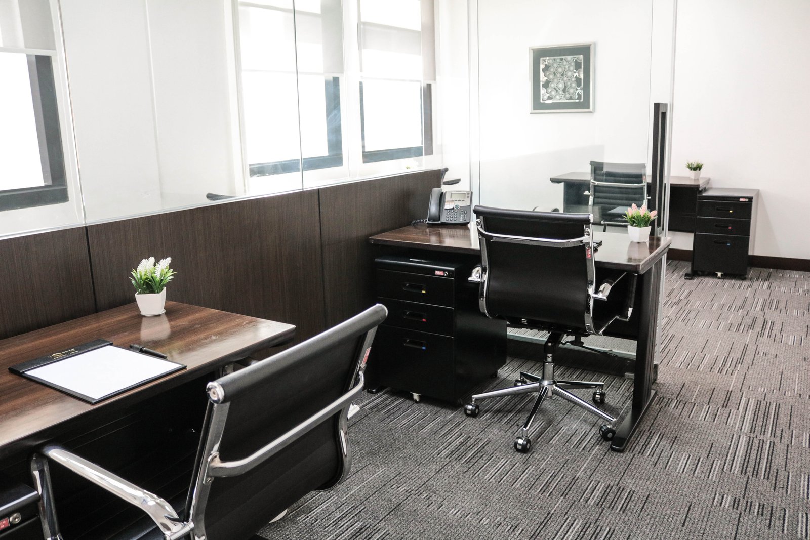 Open office workspace with dark wood desks, black leather chairs, a landline phone, and small potted plants along a glass divider.