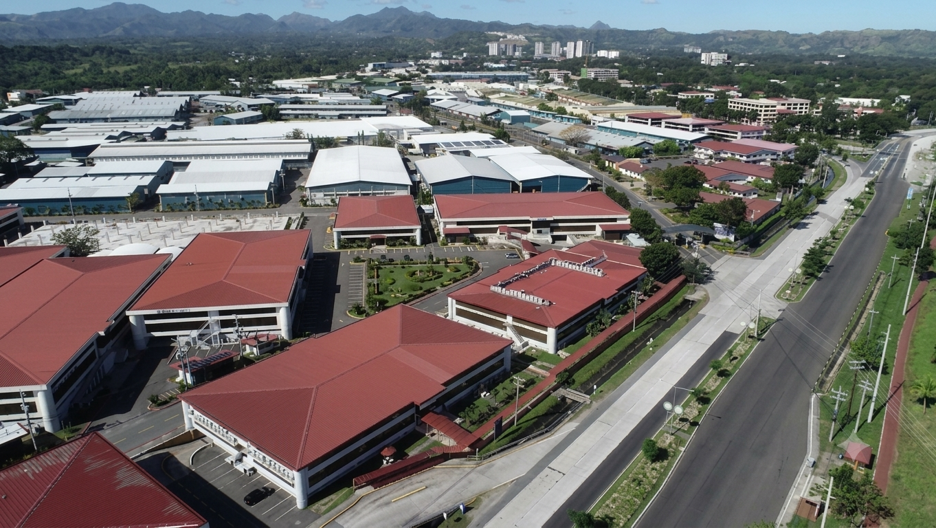 Aerial view of a campus with red-roofed buildings, parking lots, and landscaped courtyards, set against distant hills.