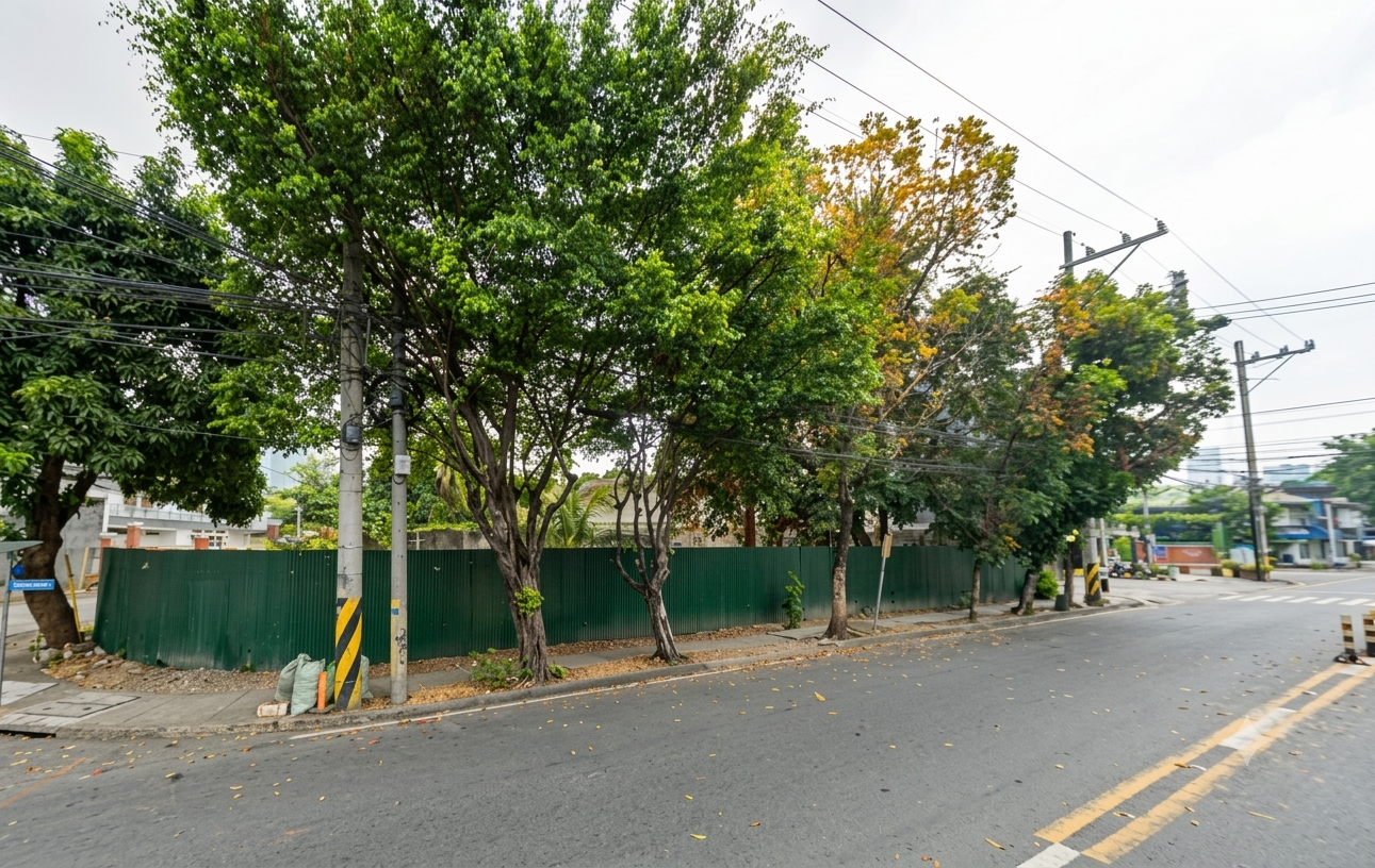 Gemini_Generated_Image_sinttzsinttzsint Row of trees along a street with a tall green metal fence, utility poles, and overhead wires; autumn leaves scattered on the ground.