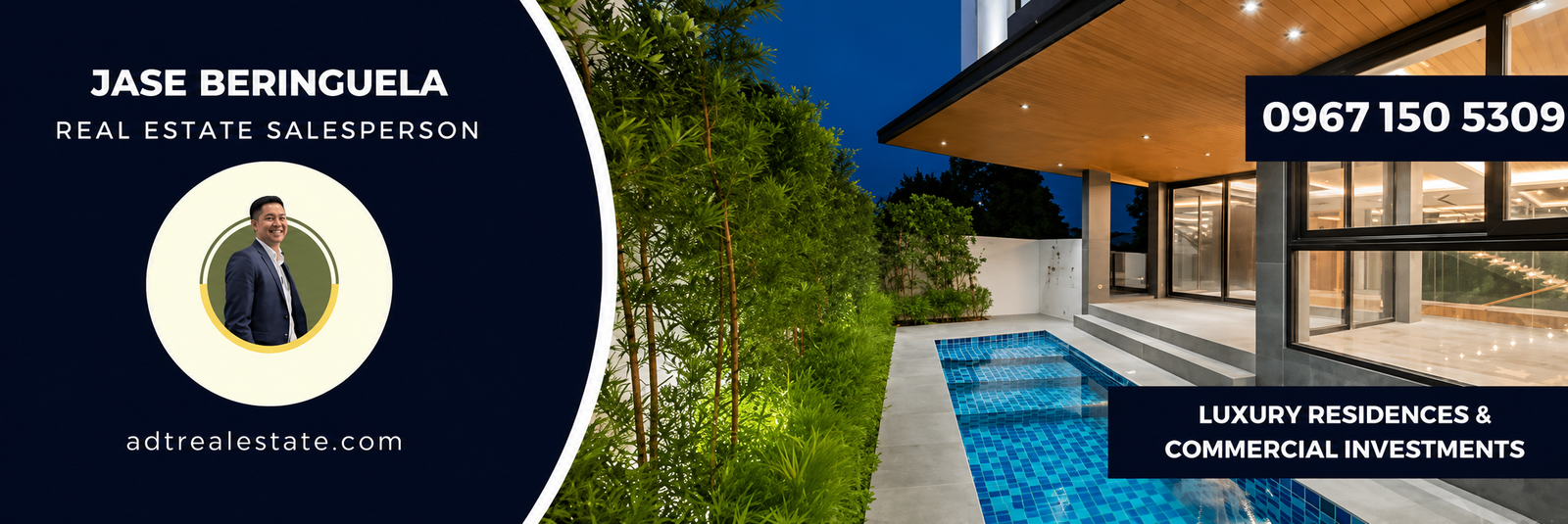 Advertising banner for Jase Beringuela real estate: agent portrait on dark panel and a luxury residence with a blue pool on the right, plus contact number and website.