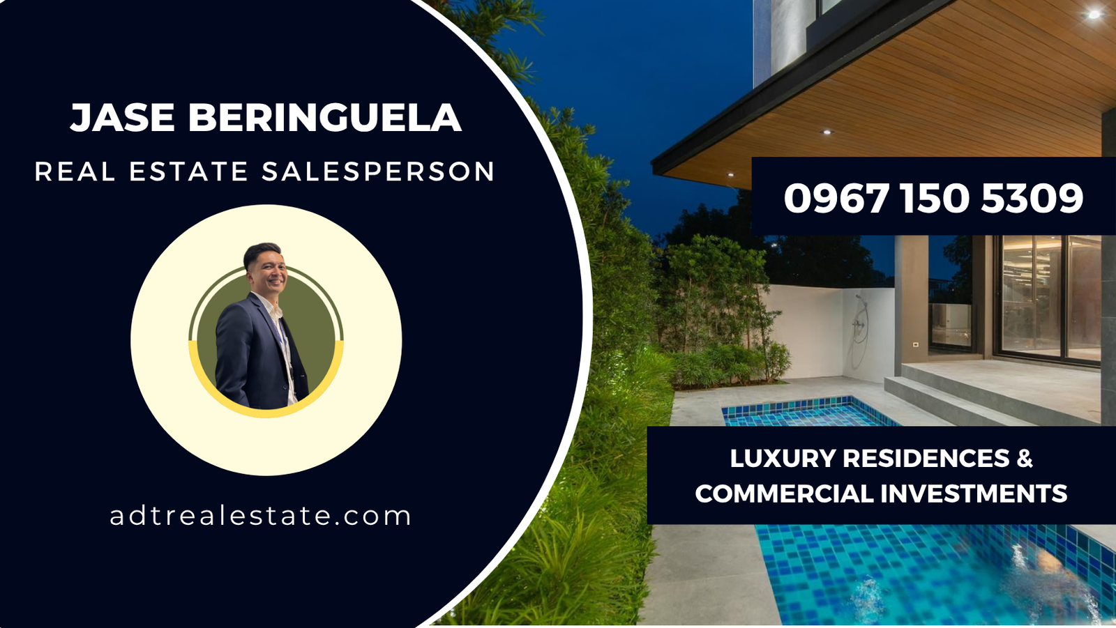 Real estate banner: circular portrait on a navy left panel, contact 0967 150 5309, luxury residence with pool on the right.