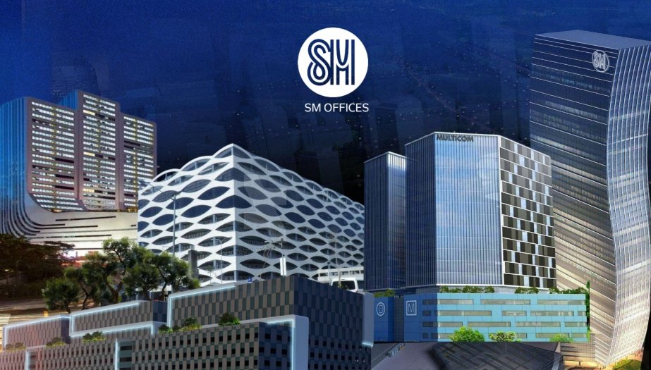 Promotional banner showing a cluster of glass office towers with the SM OFFICES logo at the top area.