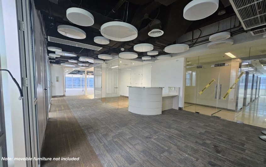 Open office lobby with glass-walled rooms, a curved white reception desk, and many circular ceiling panels.