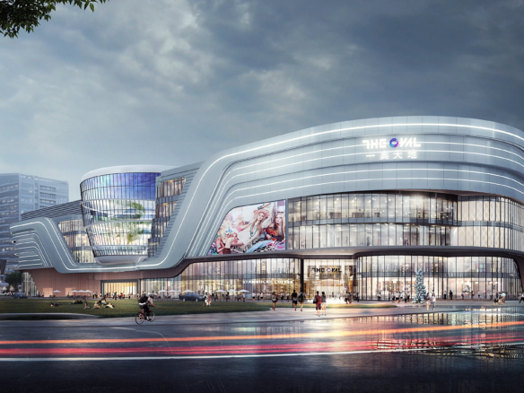 Futuristic shopping mall with curved white exterior, glass storefronts, and signs reading 'THE OVAL' under a cloudy sky.