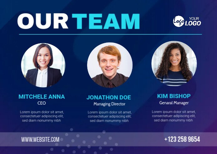 Banner showing 'OUR TEAM' with three circular headshots: MITCHELE ANNA (CEO), JONATHON DOE (Managing Director), KIM BISHOP (General Manager).