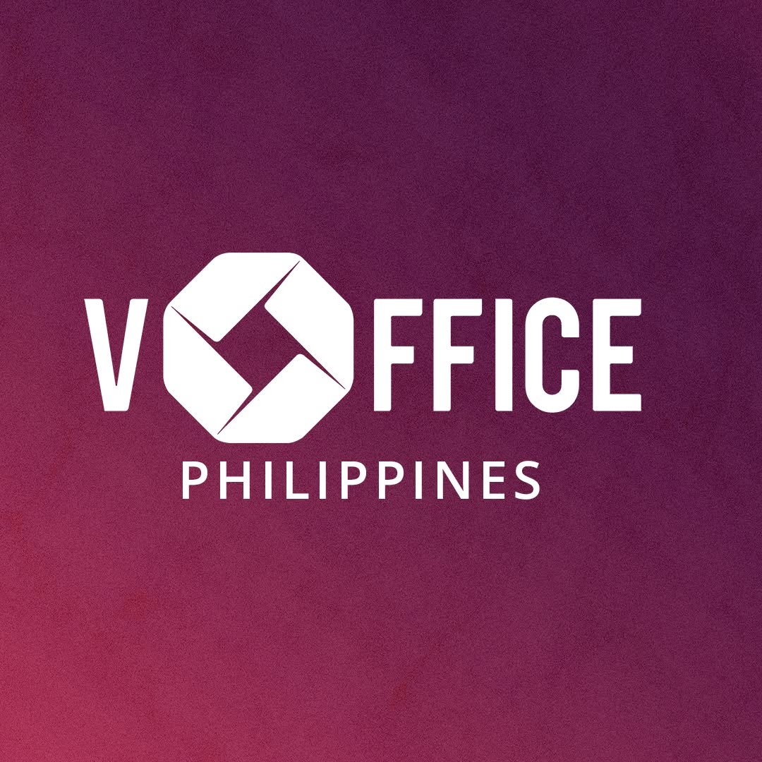 VOffice Philippines logo on a purple gradient background, with a white geometric octagon icon and the word OFFICE PHILIPPINES