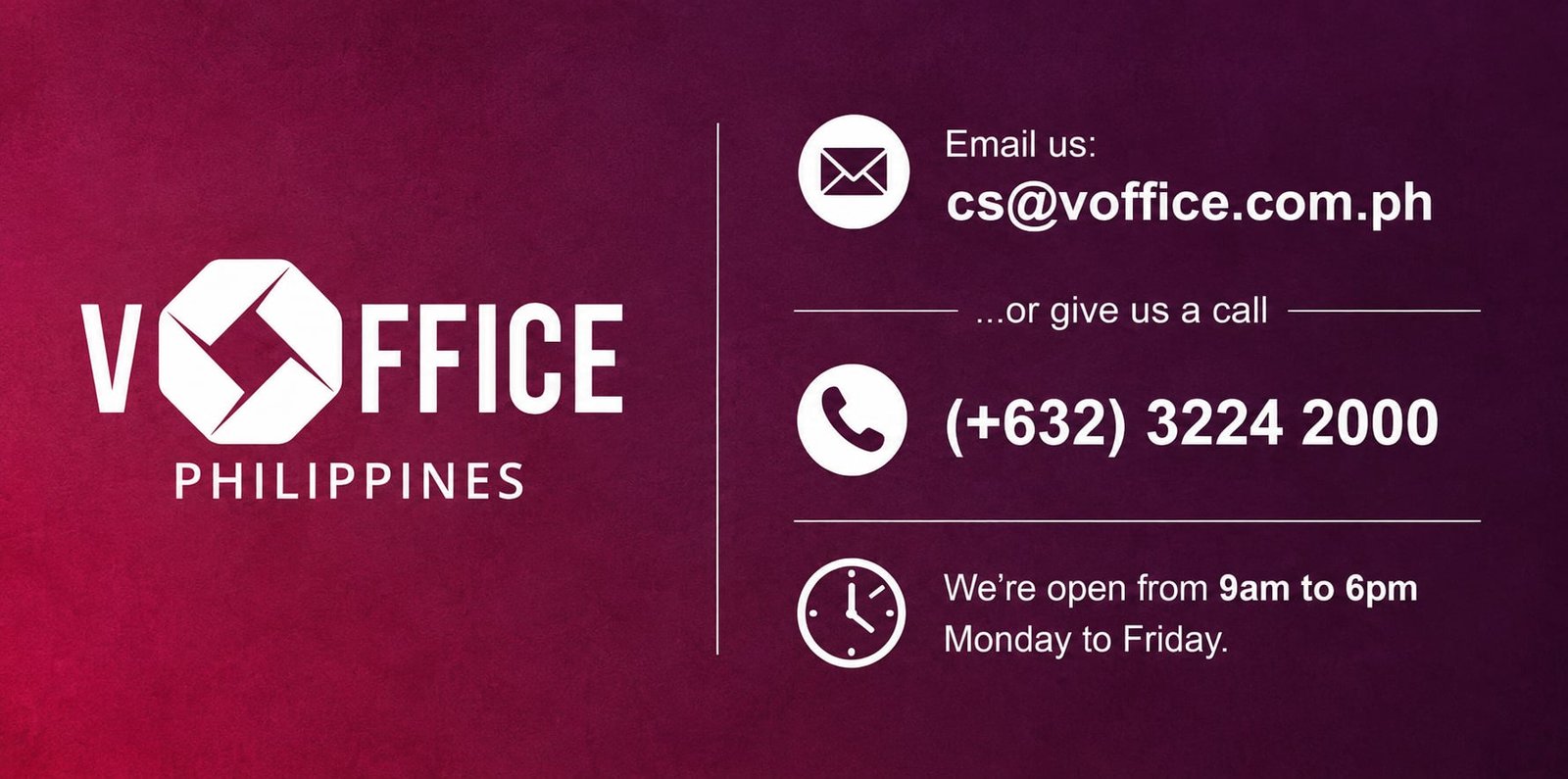 VOFFICE PHILIPPINES logo on left; contact info on right: email cs@voffice.com.ph, phone (+632) 3224 2000, hours 9am–6pm Mon–Fri on a purple gradient