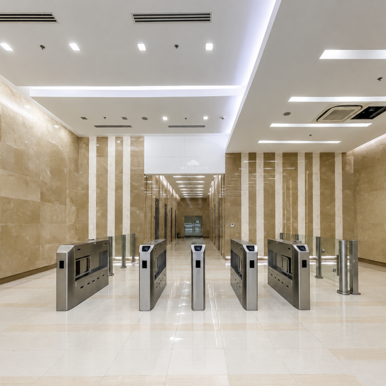 Wide view of a clean beige marble lobby with a row of stainless steel turnstiles at the entrance and a long hallway ahead.