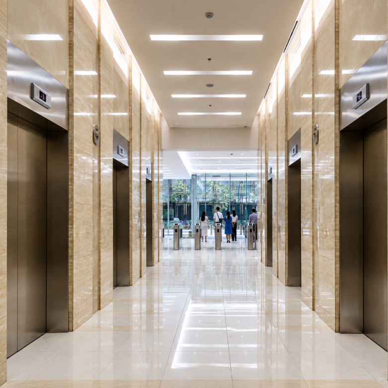 Wide marble-clad elevator lobby with stainless steel doors and bright overhead lighting; a group of people near glass doors at the far end.