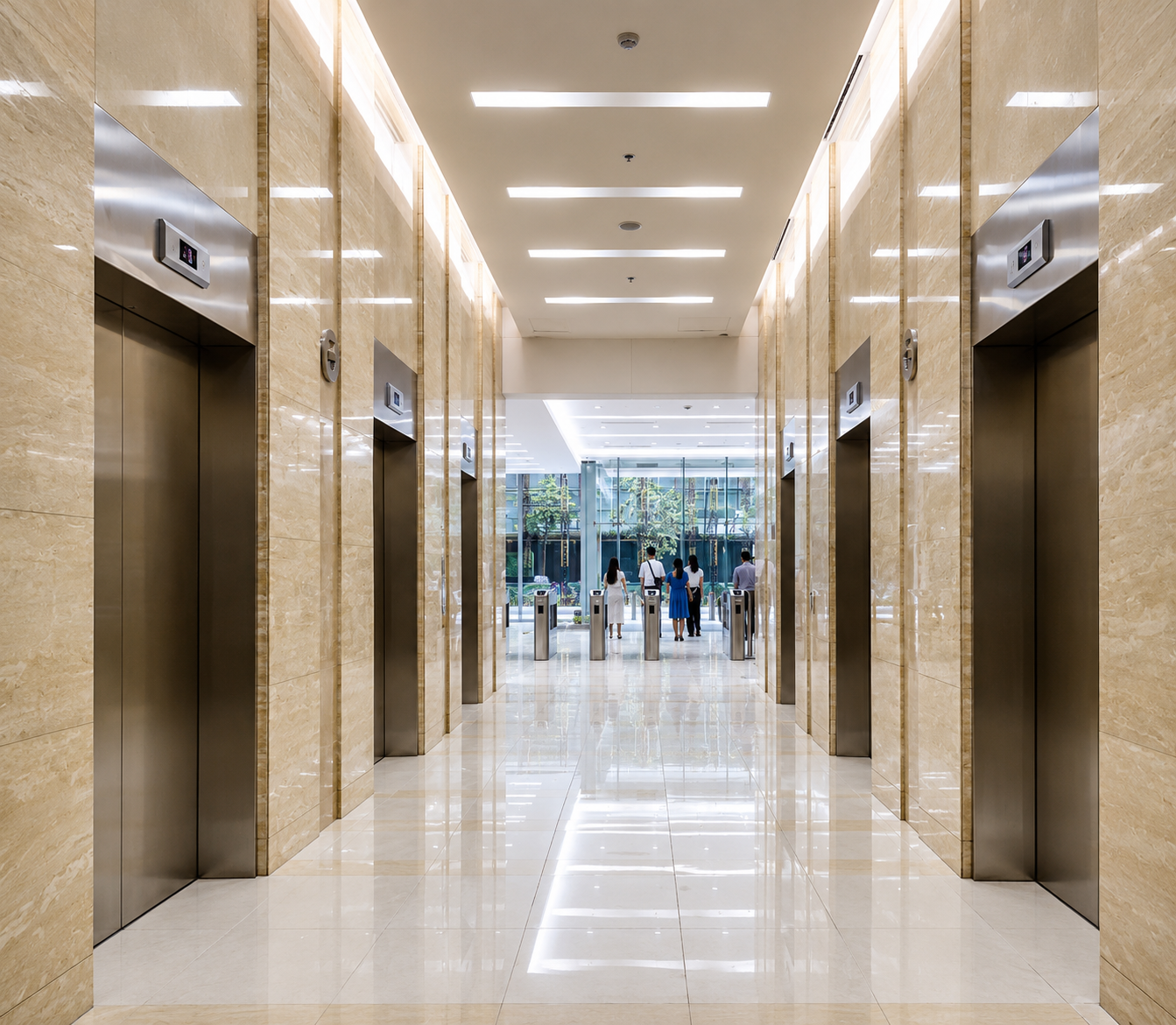 Wide marble-clad elevator lobby with stainless steel doors and bright overhead lighting; a group of people near glass doors at the far end.
