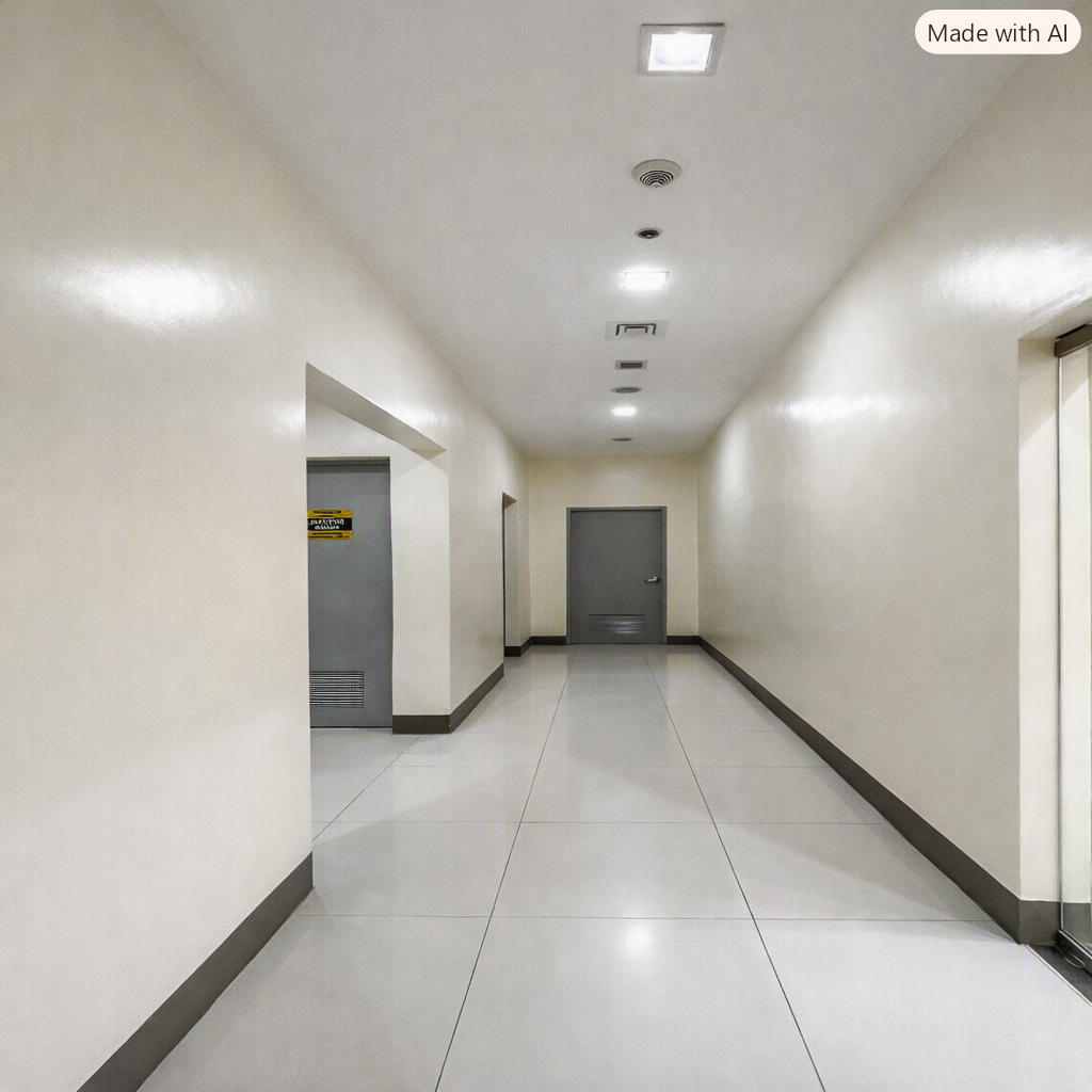 Long, empty indoor hallway with beige walls, gray baseboards, and a row of ceiling lights leading to a gray door at the far end.