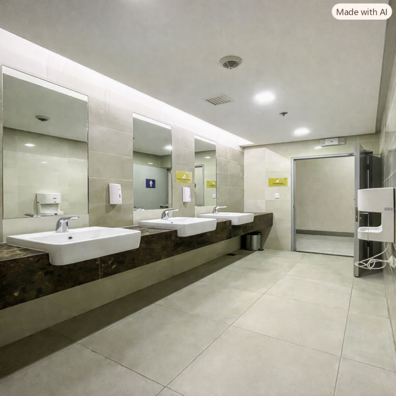 Public restroom vanity with four white sinks on a dark marble counter, large mirrors, and wall-mounted soap dispensers.