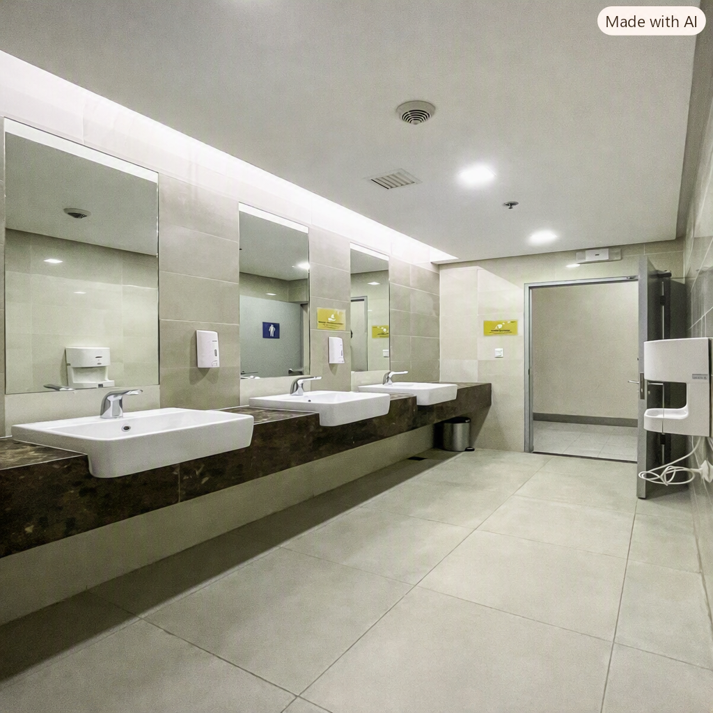 Public restroom vanity with four white sinks on a dark marble counter, large mirrors, and wall-mounted soap dispensers.